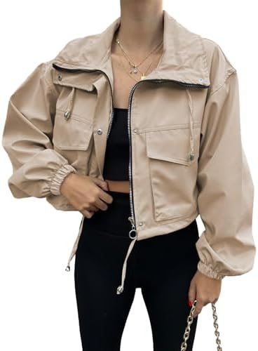 Tankaneo Womens Cropped Jacket Zip Up Lightweight Oversized ...