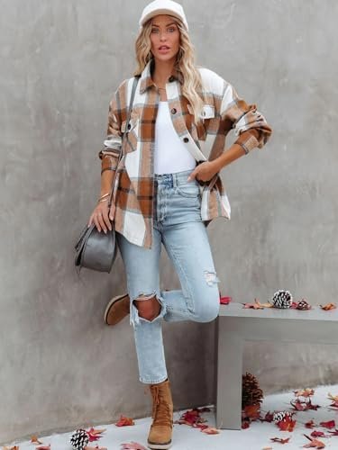 Moss Rose Womens Casual Plaid Shackets Button Down Long Slee...