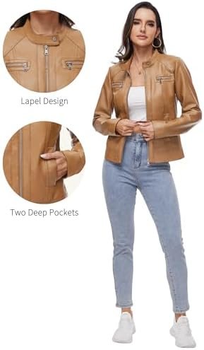 Fahsyee Zip Leather Jackets for Women Motorcycle Faux PU Mot...