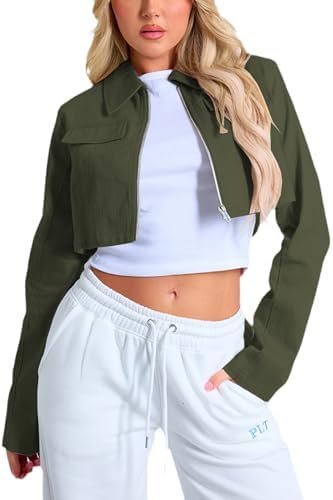 Women's Cropped Jacket Casual Zip Up Long Sleeve Lapel Crop ...