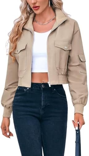 Fisoew Women's Cropped Bomber Jackets Lightweight Zip Up Sta... Fisoew Women's Cropped Bomber Jackets Lightweight Zip Up Sta...