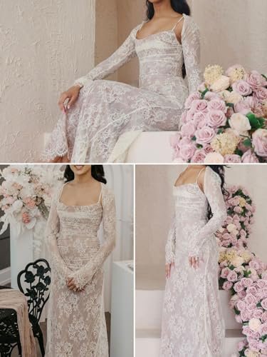 Women Cami Lace Maxi Dress Romantic Long Sleeve Lace Bodycon...
