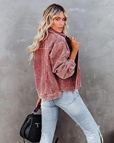 Womens Cropped Corduroy Jacket Casual Button Down Shacket Co...