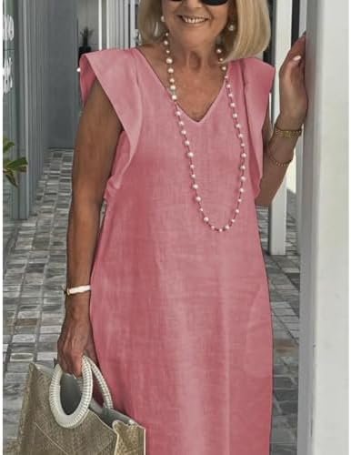 Women Linen Maxi Dress V Neck Ruffle Sleeve Tie Back Cotton ...