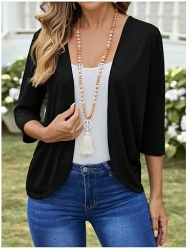 WDIRARA Women's Asymmetrical Hem Open Front Thin Jackets 3/4...