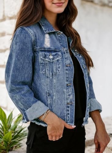 Kedera Womens Denim Jacket Distressed Frayed Ripped Jean Jac...