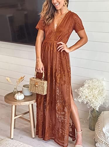 Eleter Women's Deep V-Neck Lace Romper Short Sleeve Long Dre...