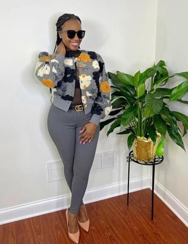 Womens Cropped Floral Print Jacket Warm Fleece Bomber Jacket...