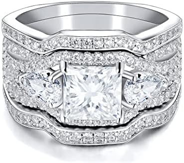MDFUN Three-In-One Square Wedding Engagement Ring,18K White ...