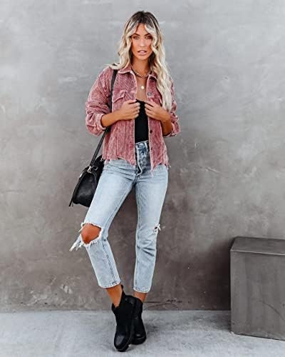 Womens Cropped Corduroy Jacket Casual Button Down Shacket Co...