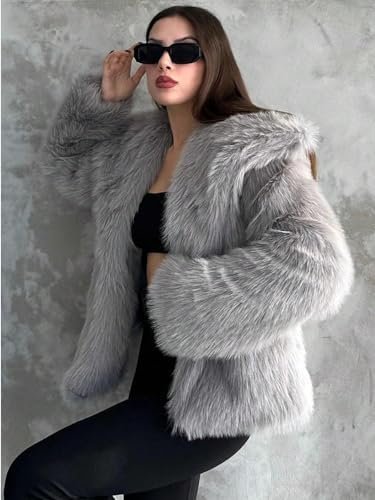 Gnveub Women's Faux Fur Jacket Oversized Lapel Fur Coat Wint...