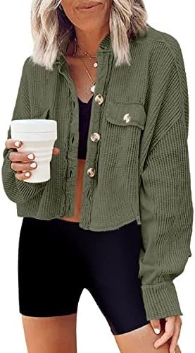 Panadila Women's Cropped Waffle Knit Shacket Short Button Do...