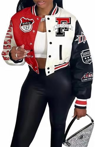COZYPOIN Women's Varsity Jacket Cropped Letterman Jacket Lig...