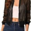 Fisoew Women's Crop Mesh Sheer Bomber Jackets Lightweight Lo...