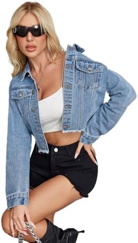 Jean Jacket Women Frayed Raw Hem Button Up Long Sleeve Cropp...