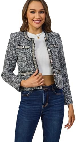 Xaspee Women's Tweed Blazers Cropped Long Sleeve Crewneck Op...