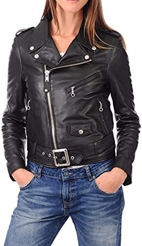 NFS Real Leather Women Stylish Biker Outerwear Jacket With B...
