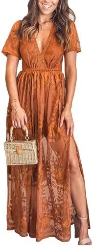 LRISES Womens V Neck Floral Embroidered Lace Wedding Maxi Dr...