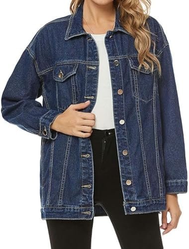 PUWEI Women's Oversized Denim Jacket Distressed Lapel Button...