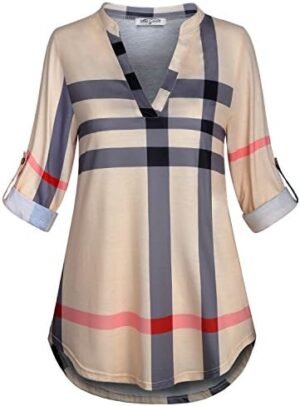 SeSe Code Womens 3/4 Roll Sleeve Plaid Shirt Business Casual... SeSe Code Womens 3/4 Roll Sleeve Plaid Shirt Business Casual...