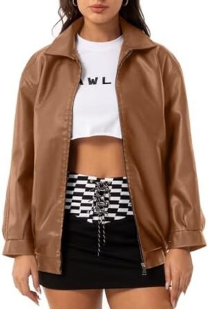 Womens Oversized Faux Leather Jackets Fashion Zip Up Motorcy... Womens Oversized Faux Leather Jackets Fashion Zip Up Motorcy...