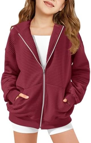 Haloumoning Girls Zip Up Hoodie Kids Fashion Oversized Textu...