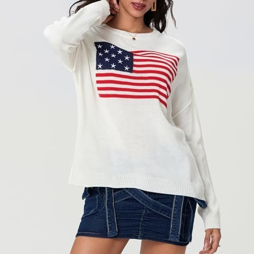 Women's Flag Pattern Long Sleeve Sweater 4th of July Round N...