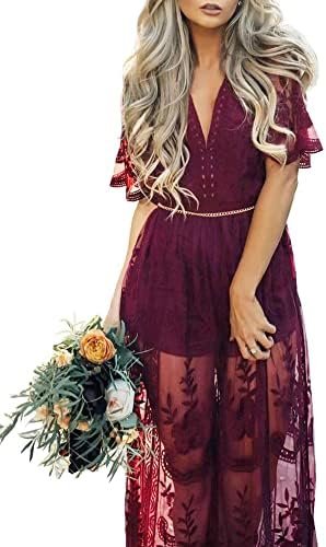 Eleter Women's Deep V-Neck Lace Romper Short Sleeve Long Dre... Eleter Women's Deep V-Neck Lace Romper Short Sleeve Long Dre...