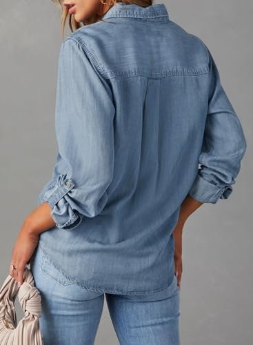 Astylish Women Button Down Denim Shirts Casual Long Sleeve V...