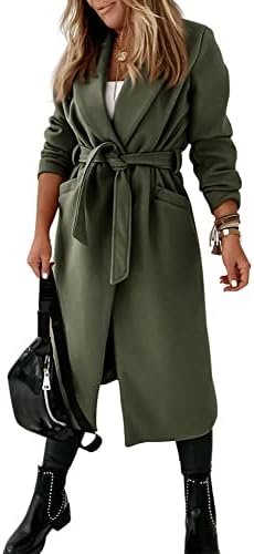 Womens Classic Coat Lapel Collar Open Front Belted Long Jack...