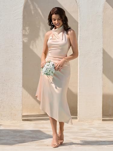HTZMO Satin Mock Neck Backless Midi Dresses Ruched Back Tie ...
