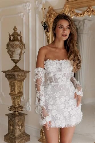 Women's Short Wedding Dresses with Detachable Sleeves Flower...