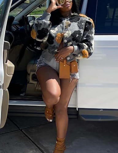 Women's Cropped Floral Print Jacket Long Sleeve Fleece Warm ...