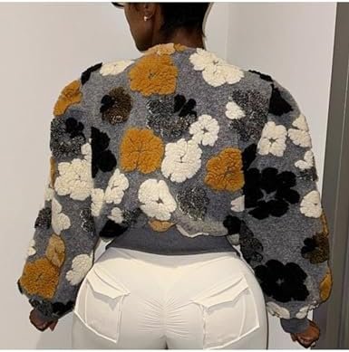 Women's Cropped Floral Print Jacket Long Sleeve Fleece Warm ...