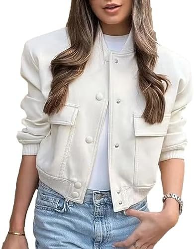 Bozanly Women's Stand Collar Button Down Cropped Shacket Jac...