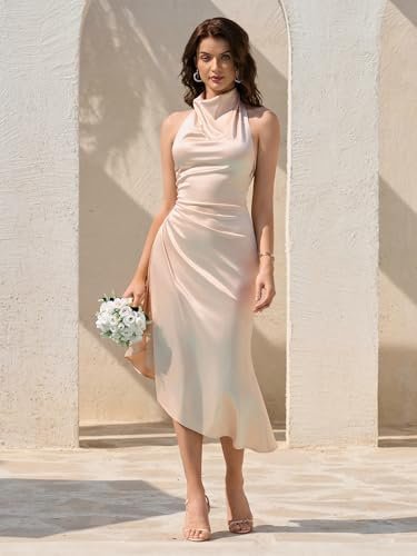 HTZMO Satin Mock Neck Backless Midi Dresses Ruched Back Tie ...