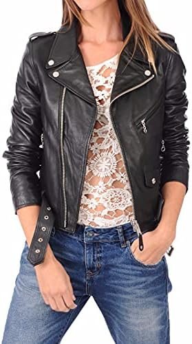 NFS Real Leather Women Stylish Biker Outerwear Jacket With B...