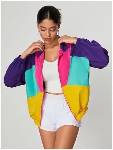WDIRARA Women's Color Block Zip Up Lightweight Jacket Patchw...