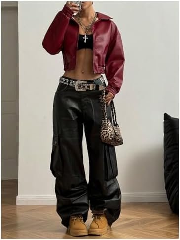 Women's Y2K Faux PU Leather Jacket Crop Zip Up Motorcycle Co...