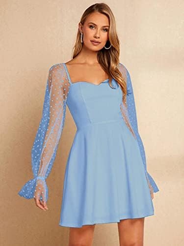 WDIRARA Women's Polka Dots Mesh Long Sleeve A Line Mini Flow...