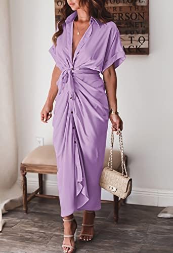 Women Elegant Satin Button Down Short Sleeve Maxi Shirt Dres...