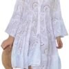 White Floral Dress for Women Hollow Out Lace Boho Solid V Ne...