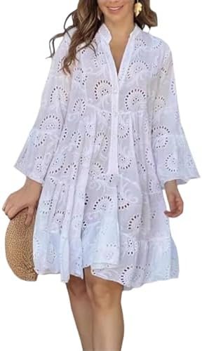 White Floral Dress for Women Hollow Out Lace Boho Solid White Floral Dress for Women Hollow Out Lace Boho Solid V Ne...