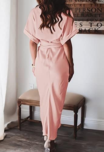 Women Elegant Satin Button Down Short Sleeve Maxi Shirt Dres...