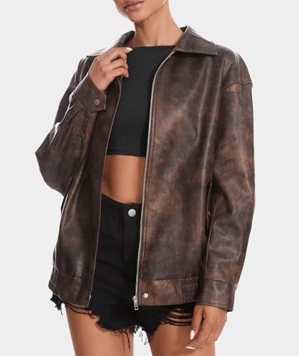 Women's Faux Leather Jackets Long Sleeve Zipper Oversized Mo...