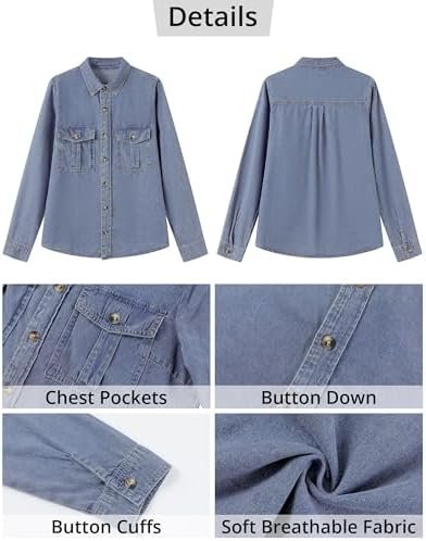 GRAPENT Denim Button Down Shirts for Women Long Sleeve Weste...