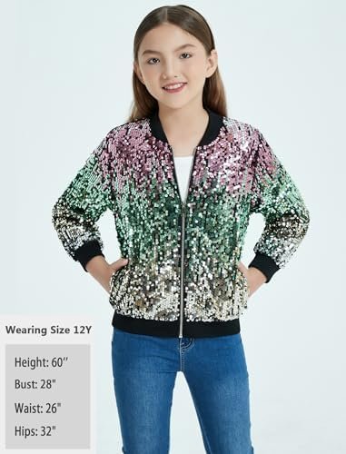 EXARUS Girls Sparkle Sequin Jacket with Pockets Glitter Ligh...