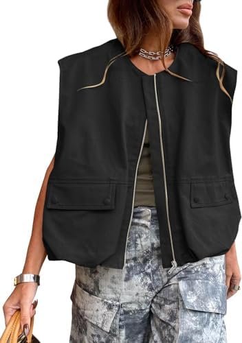 Women Cargo Vest Oversize Cropped Sleeveless Jacket Lightwei...