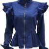 ECHOINE Women Casual Denim Jacket - Long Sleeve Zip Ruffle S...