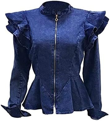 ECHOINE Women Casual Denim Jacket - Long Sleeve Zip Ruffle S...